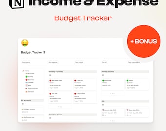 May include: A screenshot of a website for a budget tracker app. The app is called "Income & Expense Budget Tracker". The website shows a mockup of the app's interface, which includes sections for income, expenses, bills, and transfers. The website also includes a call to action to download the app.