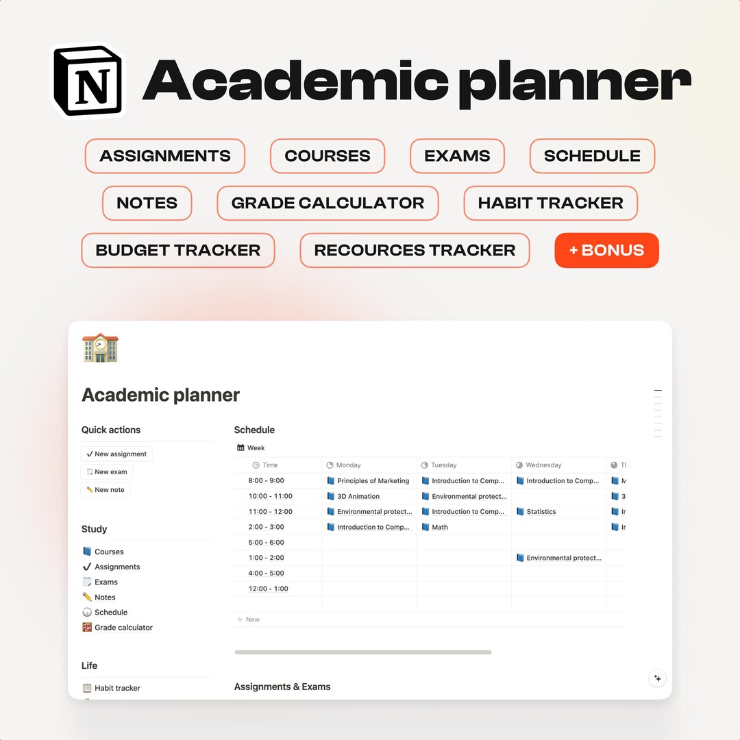 Academic Planner Notion Template College Planner Student Task Tracker ...