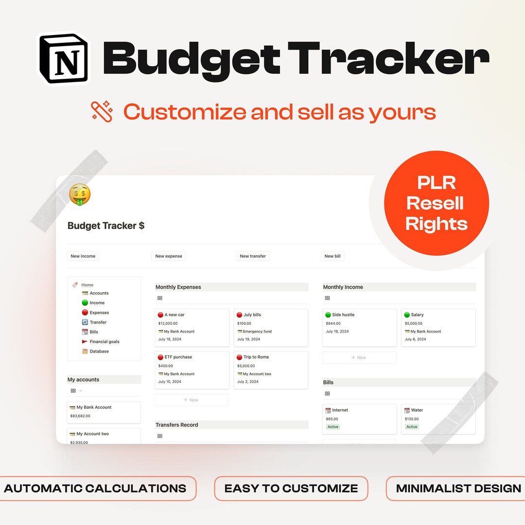 PLR Notion Budget Template Finance Notion Tracker Expenses Planner ...