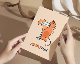Meowtini cocktail Wall Art Print, Digital Print for Cat and cocktail Lovers, Orange Cat Martini Decor Poster, Drink Pun Cute Wall Art