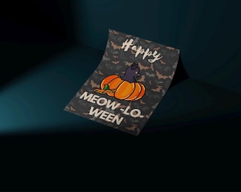 May include: Happy Meow-Lo-Ween card with a black cat sitting in a pumpkin on a camouflage background with bats.