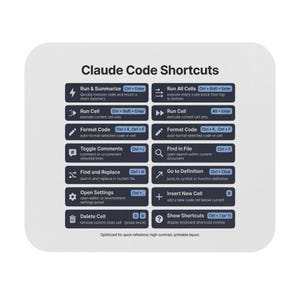 May include: A white rectangular mousepad featuring a black grid of Claude Code Shortcuts. The text lists commands like Run & Summarize, Run All Cells, Format Code, Toggle Comments, Find in File, Find and Replace, Go to Definition, Open Settings, Insert New Cell, Delete Cell, and Show Shortcuts with their corresponding keyboard keys.