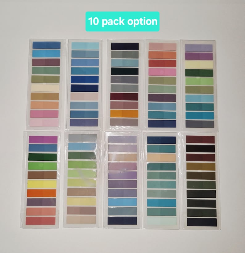 May include: Ten packs of colorful sticky notes arranged in rows. Each pack contains a gradient of colors, ranging from blues and greens to pinks and oranges. The text "10 pack option" is in a green rectangle at the top.