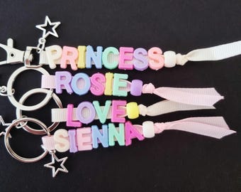 Cute Personalised Beaded Name Keychain – Pastel Custom Keyring for Kids, School Bag Tags, Party Favors, teacher Gifts, Cute Gift, name gift