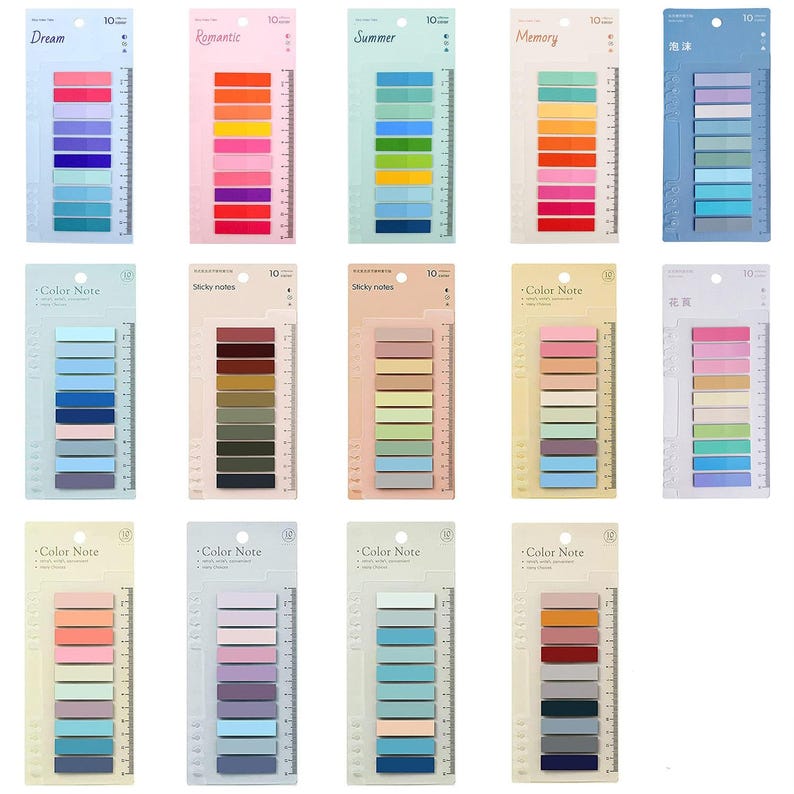 Może przedstawiać: Dziesięć pakiet&oacute;w kolorowych karteczek samoprzylepnych z r&oacute;żnymi motywami, w tym "Dream", "Romantic", "Summer", "Memory" i "Color Note". Każdy pakiet zawiera 10 karteczek z linijką po boku.