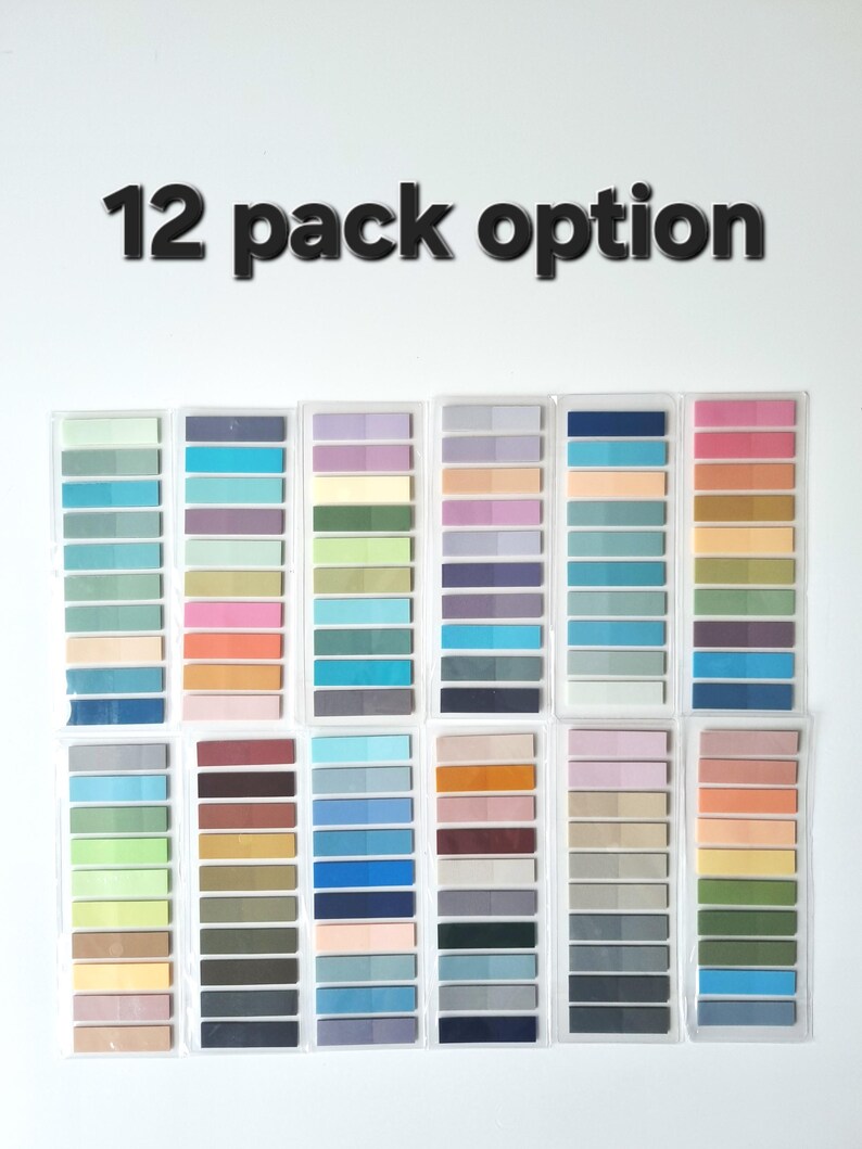 May include: A collection of twelve packs of colorful sticky notes, each with a gradient of shades. The notes are arranged in rows, showcasing a variety of hues including blues, greens, pinks, and purples. The text "12 pack option" is displayed above the notes.