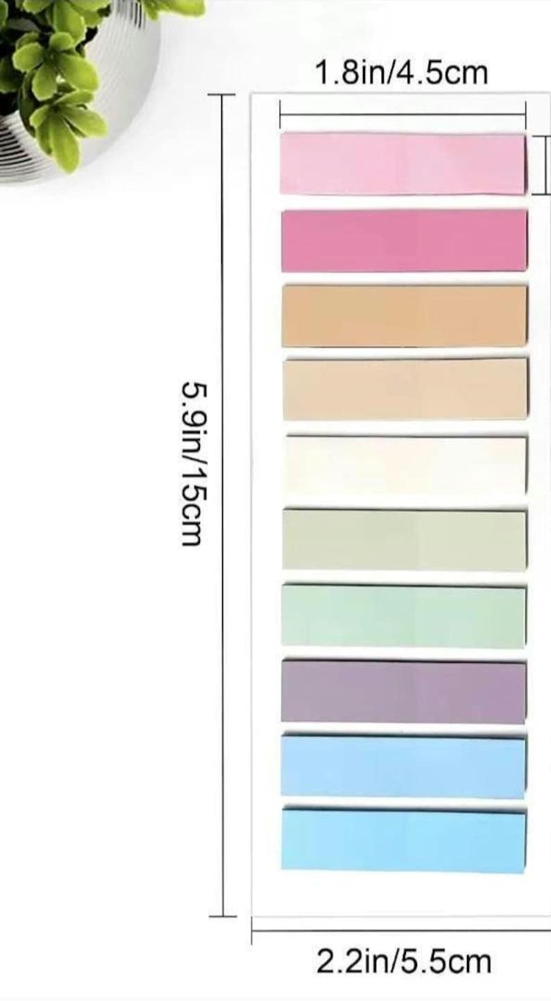 May include: A set of colorful sticky notes, measuring 2.2 inches wide and 5.9 inches long. The notes are arranged in a rectangular pad, with each note in a different pastel shade, including pink, peach, beige, green, purple, and blue.