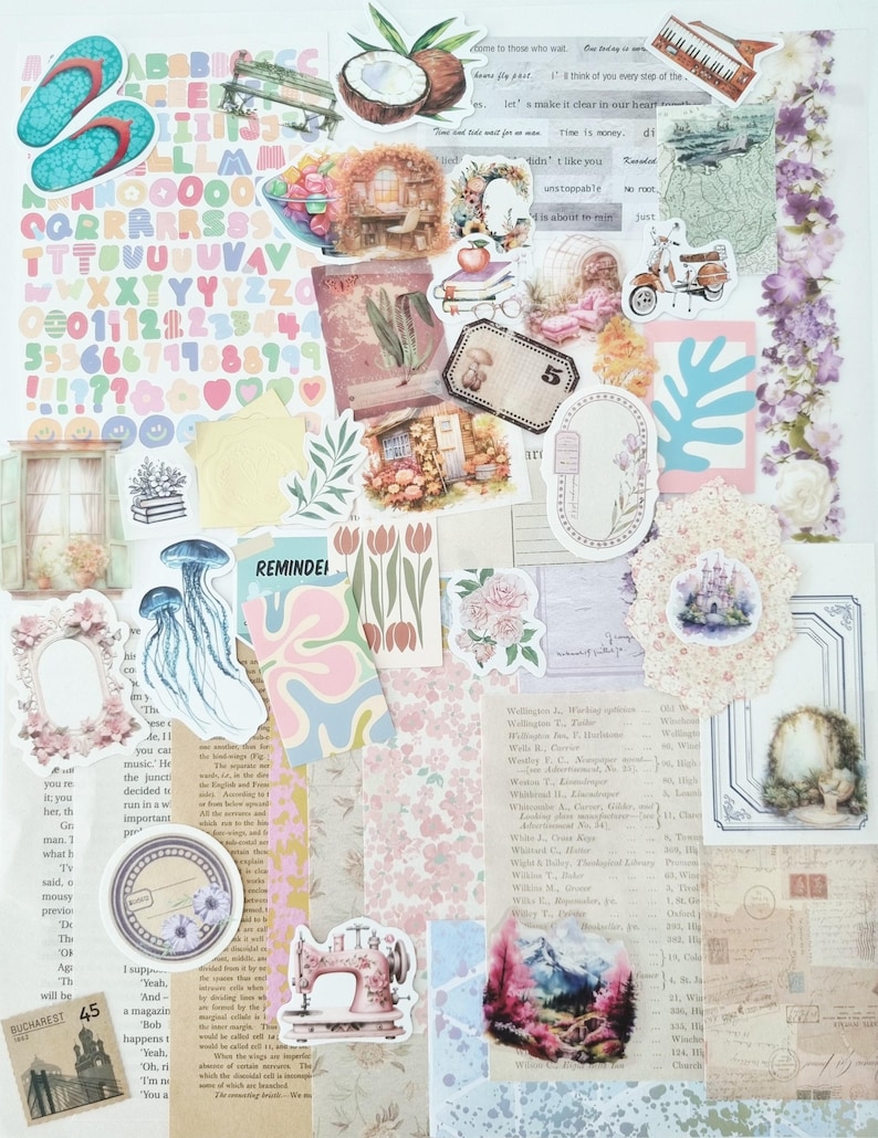 Op de afbeelding: Een collage van verschillende stickers en papieren uitsparingen in pastelkleuren. Bevat bloemmotieven, een naaimachine, een scooter, een kokosnoot en een brug. Er zijn ook letters, cijfers en tekstfragmenten.