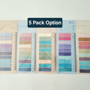 May include: A 5 pack of Color Note adhesive index tabs in various pastel and vibrant shades. Each pack features a vertical ruler printed on the side, with markings up to 14 cm, and contains 10 strips per colour, totalling 100 tabs per pack.