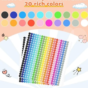 May include: A sheet of colourful dot stickers with 20 different colours. The stickers are arranged in rows and columns, with each row containing a different colour. The colours are arranged in a rainbow pattern, starting with black and ending with white.