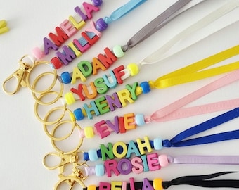 Cute Personalised Beaded Name Keychain – Bold Custom Keyring for Kids, School Bag Tags, Party Favours, teacher Gifts, Cute Gift, name gift