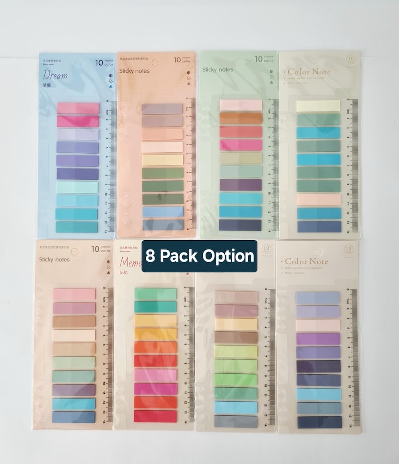 May include: Eight packs of rectangular adhesive sticky notes in various colour palettes, each featuring ten distinct shades and a printed 14 cm ruler along the side. The packaging includes labels such as Dream, Sticky notes, and Color Note.