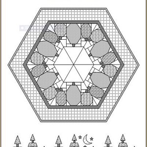 May include: Black and white line drawing of a hexagonal quilt block pattern with the title "Pumpkin Patch Tabletopper" and the text "Paper Pieced Pattern by Cedar Point Designs".