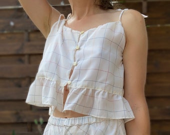 Silk Camisole // Checked silk shoulder-tie crop top. Handmade pyjamas & loungewear by LSL for her