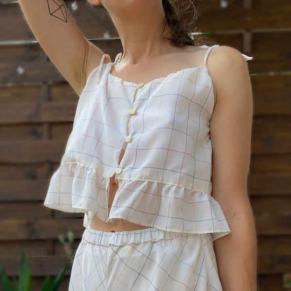 Silk Camisole // Checked silk shoulder-tie crop top. Handmade pyjamas & loungewear by LSL for her