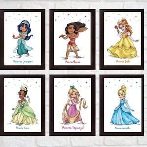 Set of 6 Princess digital download Digital Prints image wall art girls bedroom Nursery, Disney Princess Art Paintings Cinderella Belle Ariel