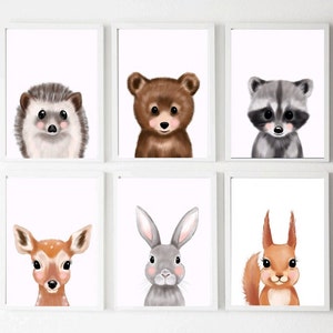 Láminas de animales del bosque para decoración de habitación de bebé, regalo de arte de pared para guardería, decoración de habitación infantil con estampados de animales del bosque - Juego de 6 - A4
