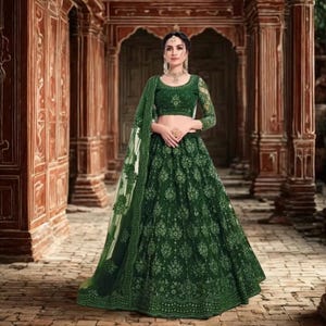 Royal Green Embroidered Lehenga Choli –Semi-Stitched or Custom Stitched Indian Outfit | Wedding Guest Dress | Desi Party Wear, Indian Lengha