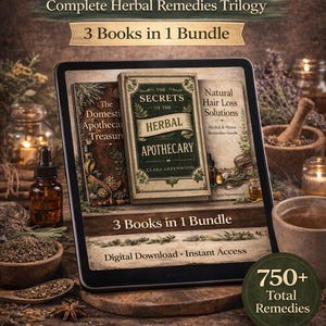 May include: An image of "The Secrets Trilogy" herbal remedies books. The books are displayed on a tablet, with text that reads "3 Books in 1 Bundle" and "Digital Download - Instant Access". The image also includes a "750+ Total Remedies" badge.