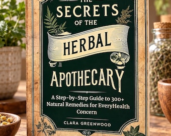 Könnte beinhalten: Ein gebundenes Buch mit dem Titel The Secrets of the Herbal Apothecary von Clara Greenwood. Der dunkelgrüne Einband zeigt ein cremefarbenes Banner, botanische Illustrationen und den Untertitel A Step-by-Step Guide to 300+ Natural Remedies for EveryHealth Concern.
