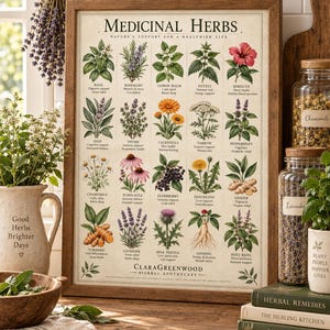 Op de afbeelding: Een ingelijste botanische print getiteld Medicinal Herbs met twintig geïllustreerde planten met hun namen en gezondheidsvoordelen eronder, waaronder basilicum, rozemarijn, citroenmelisse, brandnetel, hibiscus, salie, tijm, goudsbloem, duizendblad, pepermunt, kamille, echinacea, vlierbes, paardenbloem, gember, kurkuma, lavendel, mariadistel, ginseng en heilige basilicum.