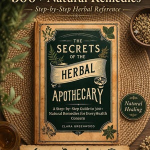 May include: A hardcover book titled The Secrets of the Herbal Apothecary by Clara Greenwood. The cover is dark green with tan borders and botanical illustrations. Text includes 300+ Natural Remedies, Step-by-Step Herbal Reference, and Natural Healing.