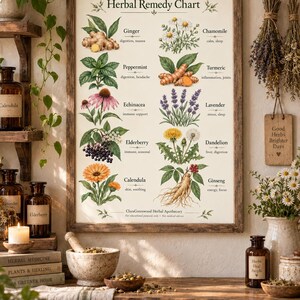 May include: A framed Herbal Remedy Chart poster featuring botanical illustrations of ginger, peppermint, echinacea, elderberry, calendula, chamomile, turmeric, lavender, dandelion, and ginseng with their common names and traditional uses printed in black.
