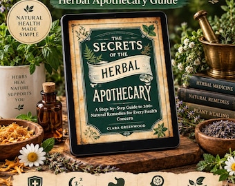 Könnte beinhalten: Ein digitales Tablet, das das Buchcover von The Secrets of the Herbal Apothecary von Clara Greenwood anzeigt. Der Bildschirm zeigt Text über 300+ natürliche Heilmittel. Unter dem Tablet befinden sich Symbole für Immunität, Schlaf, Verdauung, Stress und natürliche Heilung.