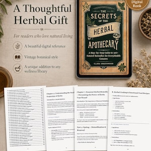 Pu&ograve; includere: Un libro digitale intitolato The Secrets of the Herbal Apothecary di Clara Greenwood, visualizzato sullo schermo di un tablet. La copertina presenta illustrazioni botaniche vintage, uno sfondo verde scuro e un banner color crema con testo nero.