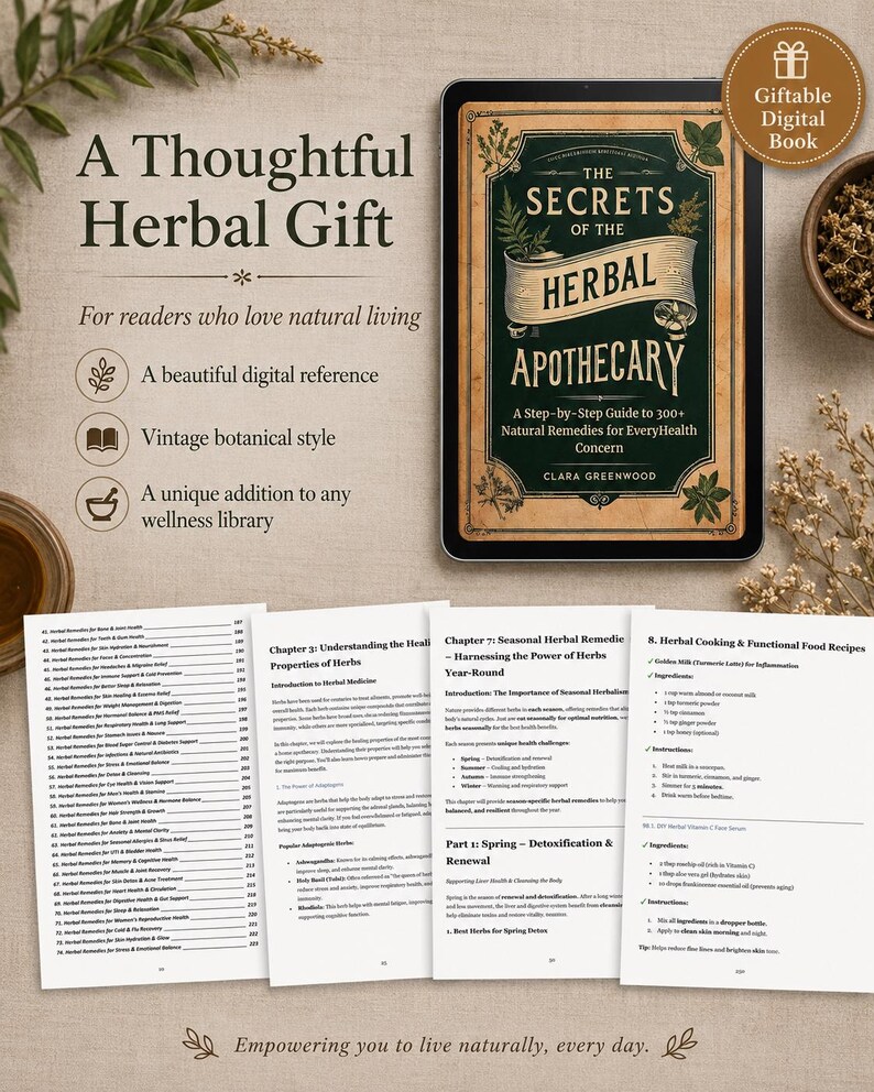 Pu&ograve; includere: Un libro digitale intitolato The Secrets of the Herbal Apothecary di Clara Greenwood, visualizzato sullo schermo di un tablet. La copertina presenta illustrazioni botaniche vintage, uno sfondo verde scuro e un banner color crema con testo nero.