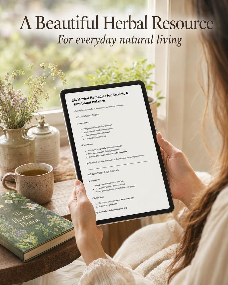 Pu&ograve; includere: Un tablet digitale che mostra il testo intitolato 36. Herbal Remedies for Anxiety & Emotional Balance, inclusi ingredienti e istruzioni per una tintura anti-ansia e un bagno alle erbe antistress, tenuto davanti a una finestra.