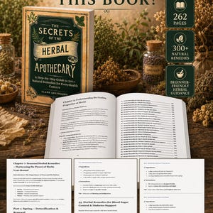 May include: A book titled The Secrets of the Herbal Apothecary by Clara Greenwood, featuring a dark green cover with gold text. The image displays the book cover, an open interior page, and three additional pages detailing herbal remedies.