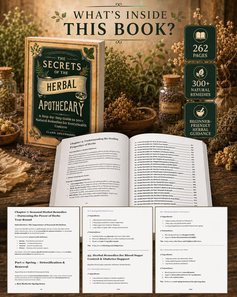 May include: A book titled The Secrets of the Herbal Apothecary by Clara Greenwood, featuring a dark green cover with gold text. The image displays the book cover, an open interior page, and three additional pages detailing herbal remedies.