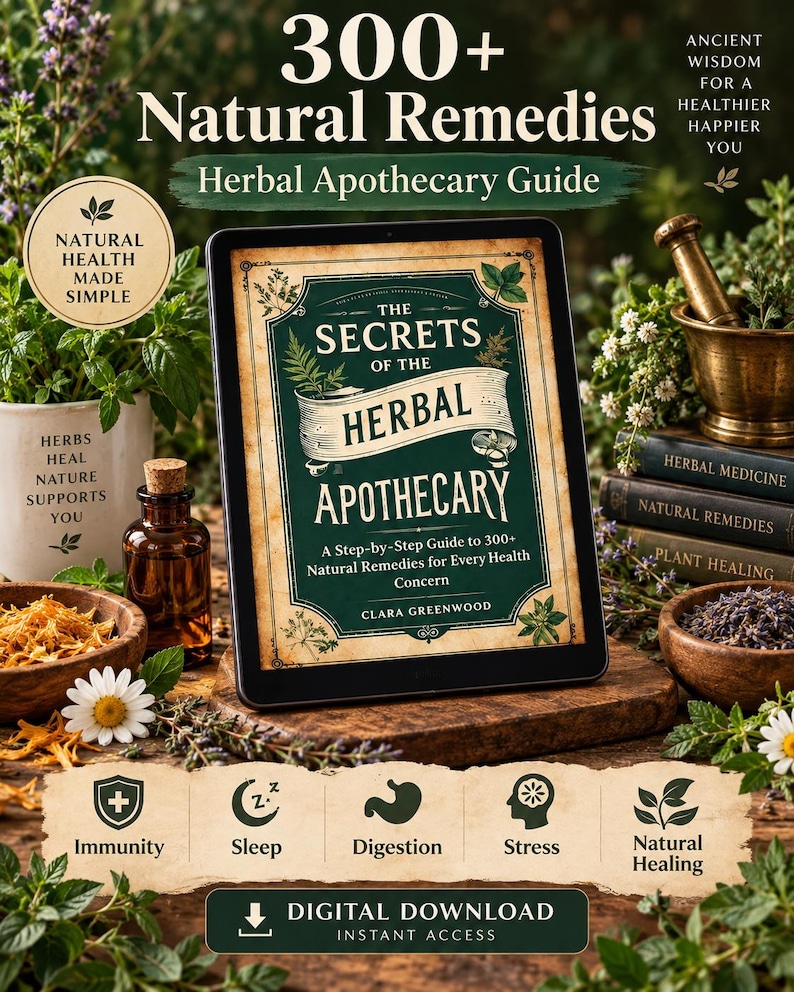 Pu&ograve; includere: Un tablet digitale mostra la copertina del libro 300+ Natural Remedies Herbal Apothecary Guide di Clara Greenwood. Lo schermo presenta un'etichetta in stile vintage verde e crema con illustrazioni botaniche. Cinque icone rappresentano immunit&agrave;, sonno, digestione, stress e guarigione naturale.