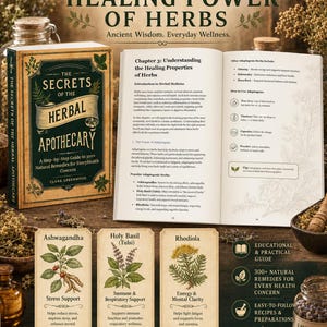 May include: A book titled The Secrets of the Herbal Apothecary with an open page showing Chapter 3 on healing properties. Three cards display Ashwagandha, Holy Basil, and Rhodiola with botanical illustrations and health benefits listed below.