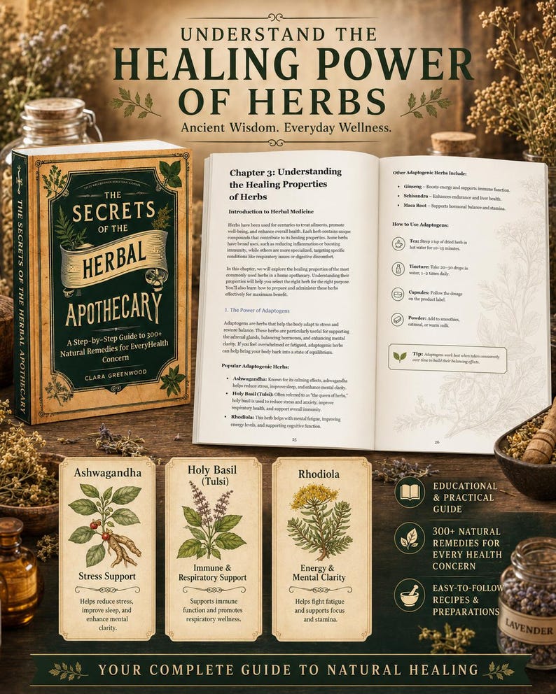 May include: A book titled The Secrets of the Herbal Apothecary with an open page showing Chapter 3 on healing properties. Three cards display Ashwagandha, Holy Basil, and Rhodiola with botanical illustrations and health benefits listed below.