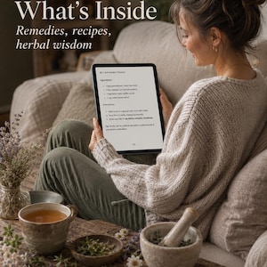 Pu&ograve; includere: Un tablet digitale che mostra una ricetta per una tintura anti-ansia con il testo What's Inside Remedies, recipes, herbal wisdom. Lo schermo elenca ingredienti come passiflora, radice di valeriana, melissa e vodka con le istruzioni.