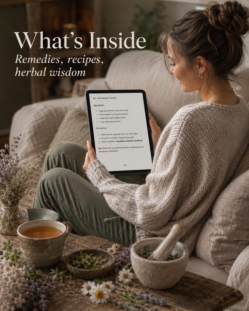 Pu&ograve; includere: Un tablet digitale che mostra una ricetta per una tintura anti-ansia con il testo What's Inside Remedies, recipes, herbal wisdom. Lo schermo elenca ingredienti come passiflora, radice di valeriana, melissa e vodka con le istruzioni.