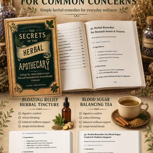 May include: A book titled The Secrets of the Herbal Apothecary with an open page showing herbal remedies for stomach issues and nausea. Below are sections for Bloating Relief Herbal Tincture and Blood Sugar Balancing Tea with a cup of tea.