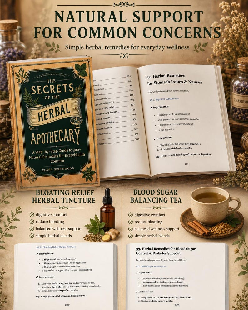 May include: A book titled The Secrets of the Herbal Apothecary with an open page showing herbal remedies for stomach issues and nausea. Below are sections for Bloating Relief Herbal Tincture and Blood Sugar Balancing Tea with a cup of tea.