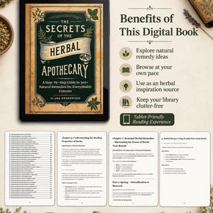 Pu&ograve; includere: Un tablet digitale che mostra la copertina del libro The Secrets of the Herbal Apothecary di Clara Greenwood, insieme a un elenco di vantaggi e quattro pagine di esempio tratte dal libro. Le pagine mostrano titoli di capitoli e ricette.