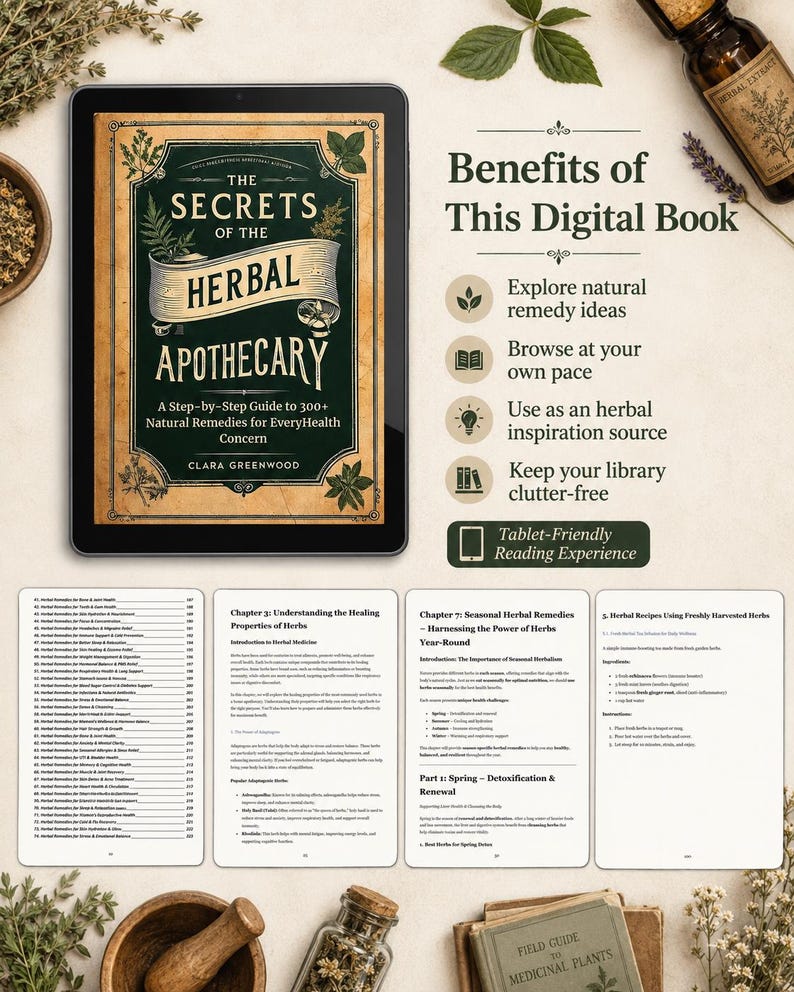 Pu&ograve; includere: Un tablet digitale che mostra la copertina del libro The Secrets of the Herbal Apothecary di Clara Greenwood, insieme a un elenco di vantaggi e quattro pagine di esempio tratte dal libro. Le pagine mostrano titoli di capitoli e ricette.