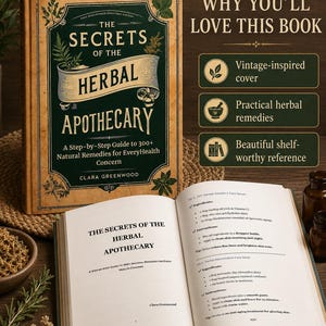 May include: A hardcover book titled The Secrets of the Herbal Apothecary by Clara Greenwood with a dark green and tan cover, displayed next to an open copy showing recipe pages for a Vitamin C face serum and a herbal rejuvenation face mask.