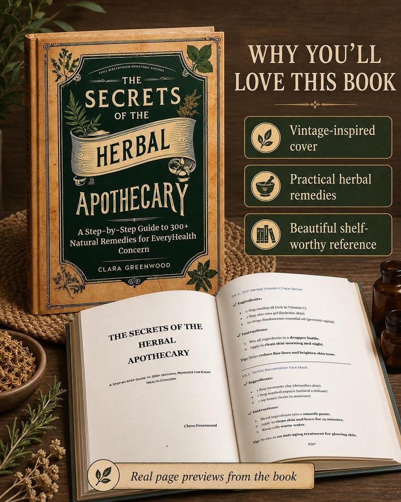 May include: A hardcover book titled The Secrets of the Herbal Apothecary by Clara Greenwood with a dark green and tan cover, displayed next to an open copy showing recipe pages for a Vitamin C face serum and a herbal rejuvenation face mask.