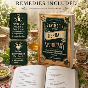 May include: A hardcover book titled The Secrets of the Herbal Apothecary by Clara Greenwood, featuring a dark green and tan cover with botanical illustrations. The book is open to a page displaying recipes for a DIY Herbal Vitamin C Face Serum.