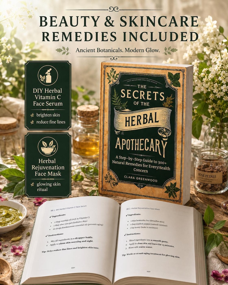 May include: A hardcover book titled The Secrets of the Herbal Apothecary by Clara Greenwood, featuring a dark green and tan cover with botanical illustrations. The book is open to a page displaying recipes for a DIY Herbal Vitamin C Face Serum.