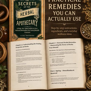 May include: A hardcover book titled The Secrets of the Herbal Apothecary by Clara Greenwood, displayed with an open interior showing text about healing properties of herbs and seasonal remedies, surrounded by dried herbs and small wooden bowls.