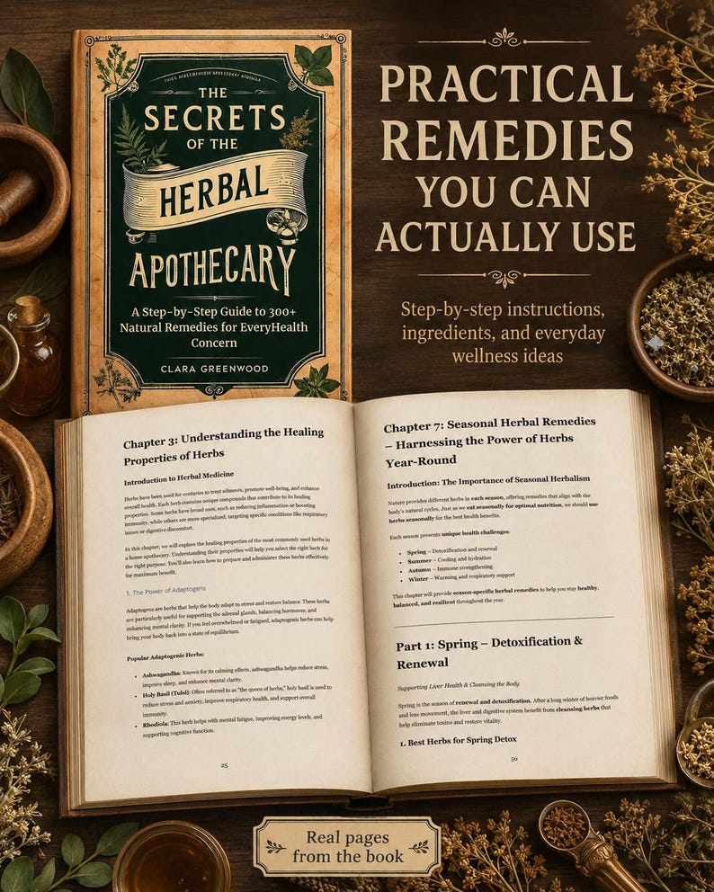 May include: A hardcover book titled The Secrets of the Herbal Apothecary by Clara Greenwood, displayed with an open interior showing text about healing properties of herbs and seasonal remedies, surrounded by dried herbs and small wooden bowls.