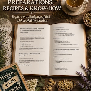 May include: An open book titled The Secrets of the Herbal Apothecary next to a cup of tea and dried herbs. The book pages display text about seasonal herbal remedies, drying methods, and recipes. The cover features green and gold accents.