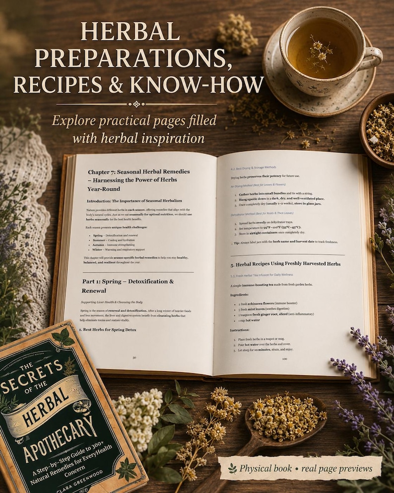 May include: An open book titled The Secrets of the Herbal Apothecary next to a cup of tea and dried herbs. The book pages display text about seasonal herbal remedies, drying methods, and recipes. The cover features green and gold accents.